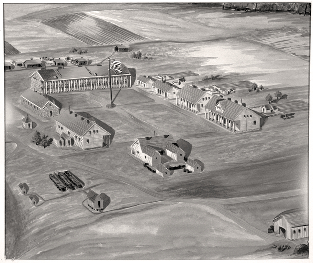 Bird's-eye view of a fort complex, with most buildings clustered around a central parade ground.